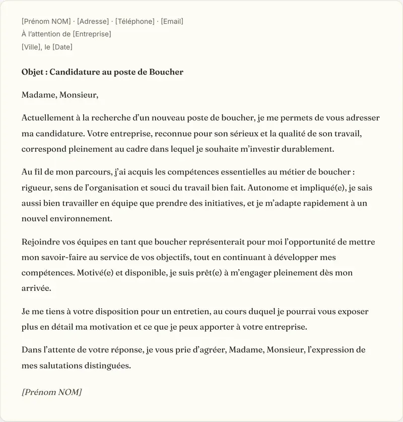 Exemple de lettre de motivation boucher